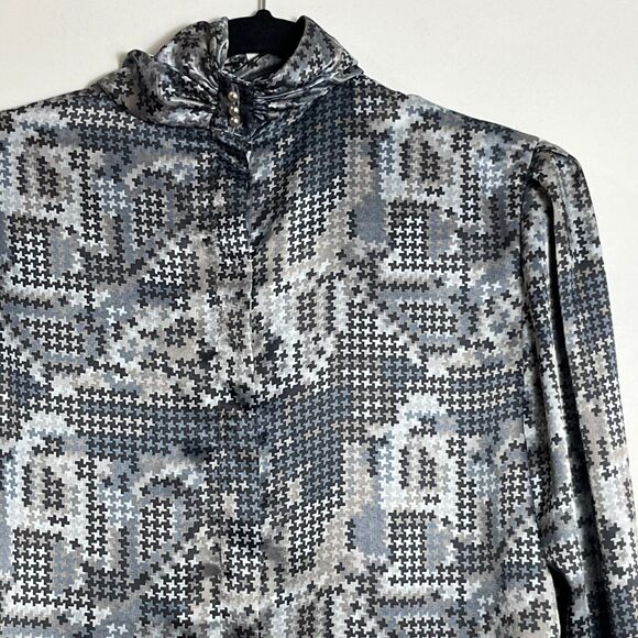 Vintage Stuart Lang Satin Geometric Houndstooth Turtleneck Secretary Blouse Sz L - Picture 1 of 4